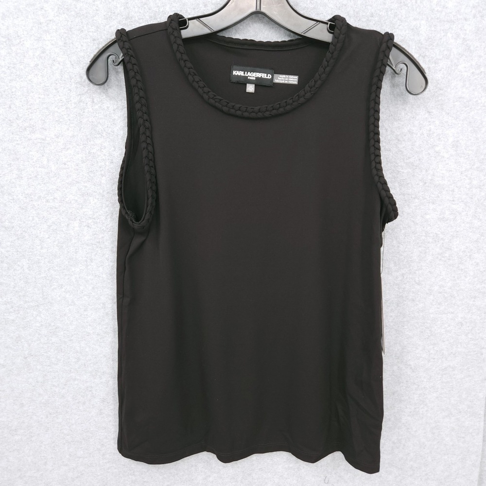 Karl Lagerfeld Paris Braided‎ Trim Sleeveless Black Blouse Womens Size XS NWT